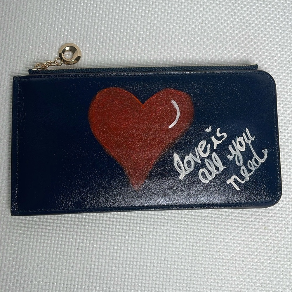 Hand Painted Leather Wallet Whimsical Heart "Love is All You Need" Gift Blue Red